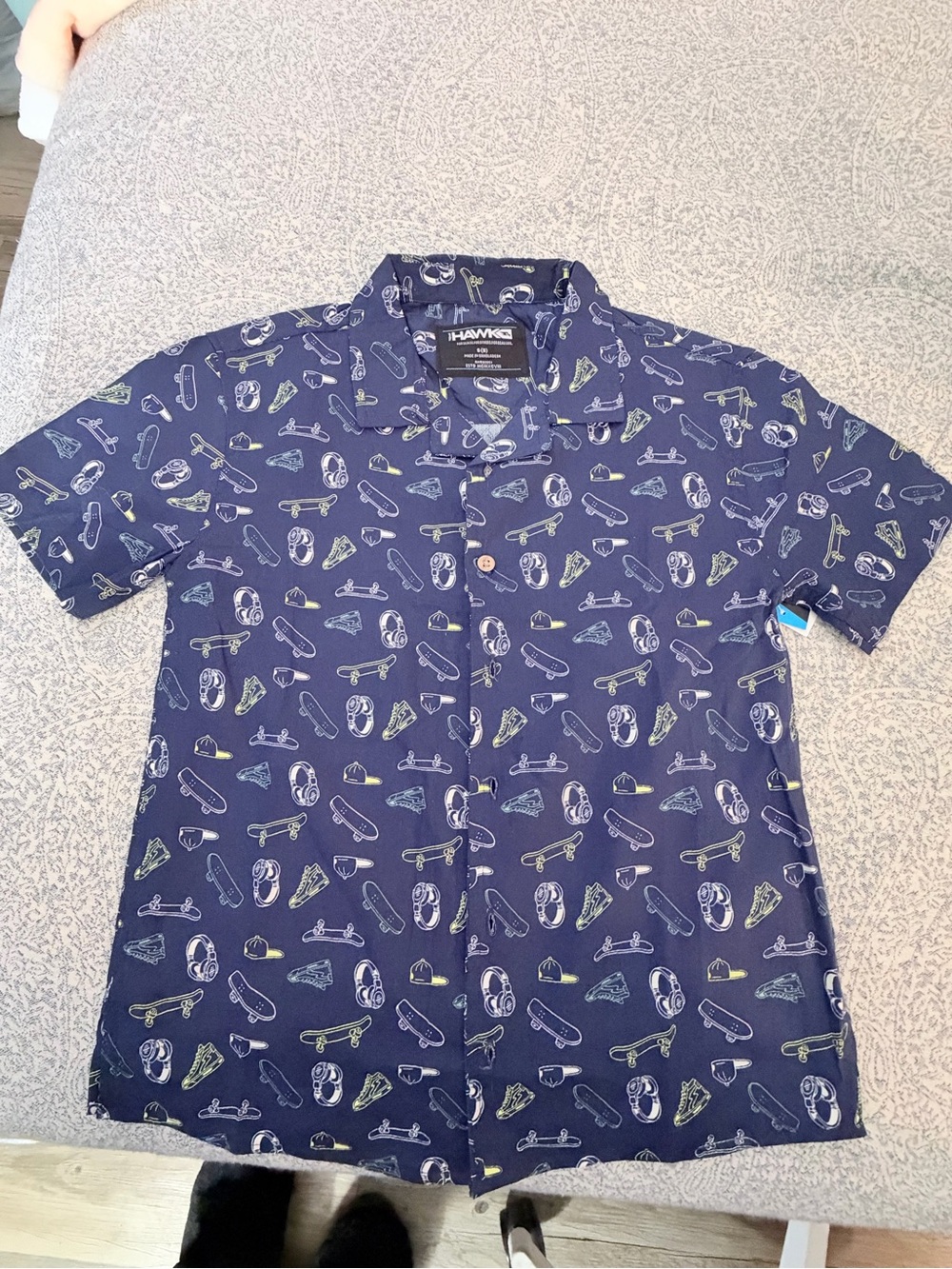 Tony Hawk boys short sleeve button-up shirt in navy blue with skateboard,